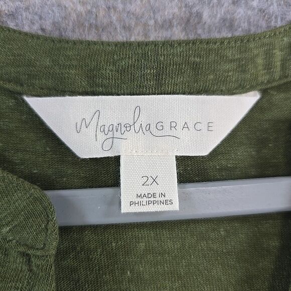 Magnolia Grace Olive Sleeveless T-shirt Blouse Plus 2X Linen Blend Embroidered - Picture 4 of 10